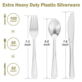 200 Count Heavy Duty Silver Plastic Silverware, 100 Forks, 50 Spoons, 50 Knives, BPA-Free, Heat Resistant, Disposable Silver Plastic Utensils Set, Silver Plastic Cutlery, Plasticware Bulk for Party