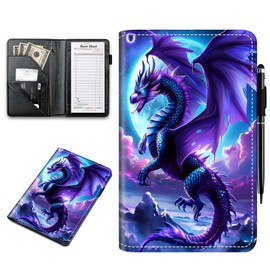 Server Book, Waitress & Waitre Books with Zipper Money Pockets and Pen Holder PU Leather,Cute Waitstaff Organizer Fit Server Apron with Black Base，Purple Dragon Moon