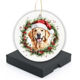 Christmas Ornament 2024,Ideal with a Lovely Golden Retriever Cartoon,Holiday Keepsake Perfect for Home Decor, Xmas Tree Decoration Round Ceramic Ornament 3in with Gift Box