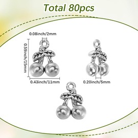 SUNNYCLUE 1 Box 80Pcs Silver Cherry Charm Metal Fruit Charms Bulk Alloy Vintage Fruits Cherries Leaves Shaped Mini Charm for Jewelry Making Pendants Bracelets Earrings DIY Crafting Accessories