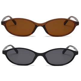 Oval Tiny 90s Vintage Retro Trendy Thin Skinny Sunglasses for Cool Chic Women Small Face (Brown+Black)