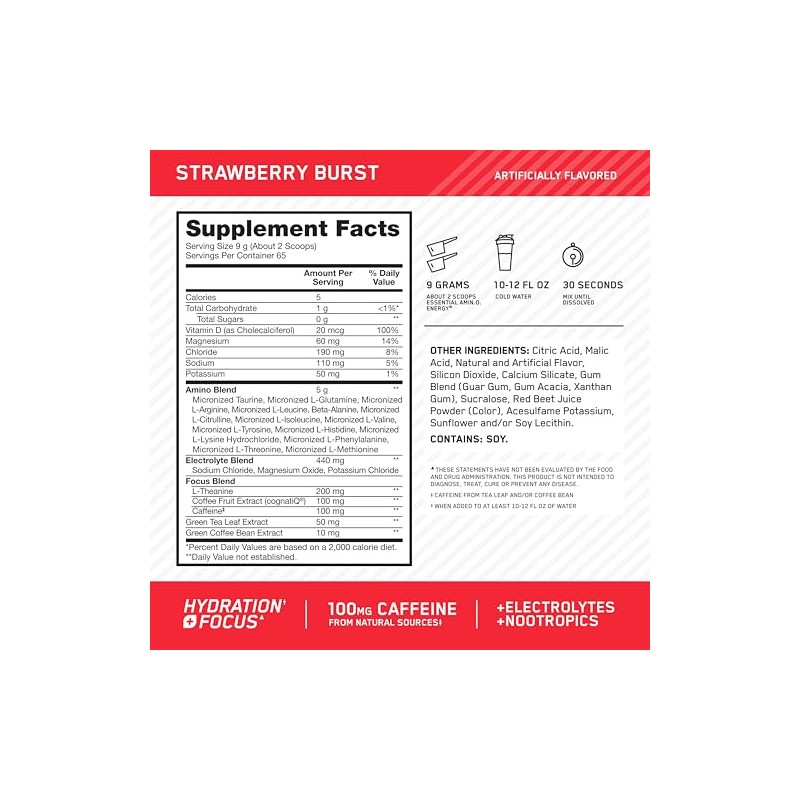 Optimum Nutrition Amino Energy Powder Plus Focus, with BCAA, Electrolytes,