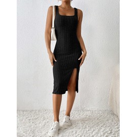 Womens Summer Tank Dress Casual Sleeveless Square Neck Dresses Bodycon Side Slit Sundress Midi Ribbed Sweater Dresses-Black-L