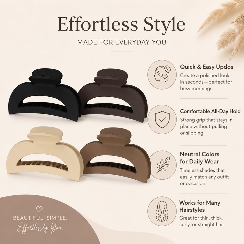 4 Pcs Flat Claw Clips for Women, Matte Hair Clips