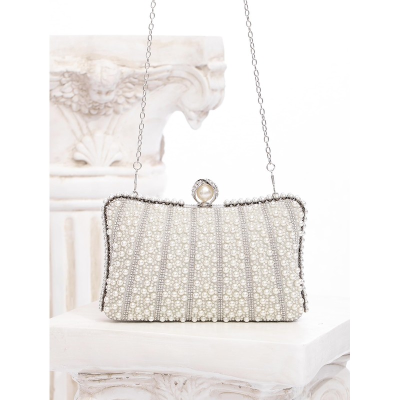 Zweig & Ewigkeit Elegant Silver Pearl Rhinestone Clutch Bag, White