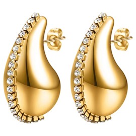 Jewelrywe Women Hoop Teardrop Earrings: Gold Silver Chunky Drop Huggie Lightweight Hypoallergenic Stainless Steel Zircon Dupe Earring Set