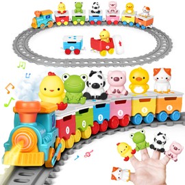 Learning Toy for Toddlers 1-3, Ideal Birthday Xmas Gifts for 1,2,3 Years Old Boy Girl, Counting, Matching & Sorting Montessori Train Toy with 6 Animals Finger Puppets, Toys Trains with Lights & Sounds