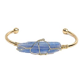 COLORFUL BLING Healing Stone Gold Plated Copper Wire Wrapped Natural Stone Cuff Bangle Gemstone Bracelet Chakra Energy Women Adjustable Open Bracelet Jewelry-E blue