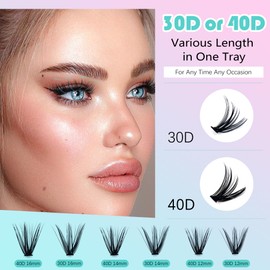 Cluster Lashes Kit DIY Lash Extension Set 0.07D 240 PCS Individual Eyelash Extension 40D Lash Bond and Seal with Lash Applicator Kit for Eyelash Extensions
