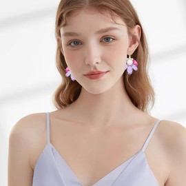 GPASTG Aesthetic Dainty Gold Sparkly Crystal Rhinestone Leaf Flower Dangle Drop Leverback Earrings For Women (Purple)