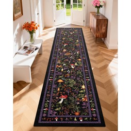nesrt Mushroom Hallway Runner Rugs 2x10ft Non Slip, Botanical Animal Print Kitchen Rug Washable, Cute Thin Plant Entryway Runners, Long Woodland Floor Carpet for Bedroom Entrance (Black)