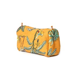 PINK TREASURE Quilted Cotton Travel Pouch – Handcrafted Cosmetic Bag with Jungle Print, Toiletry Organizer for Women, Multipurpose Makeup Bag, Zipper Closure(YellowPack Of 3)