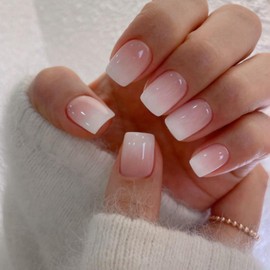 Ombre Pink Press on Nails Short Square, Short Fake Nails Glue on Short Square Nails Press ons, Soft Gel Glue on Nails Short Stick on Nails for Women Thick Reusable Solid Color Acrylic Nails 24pcs