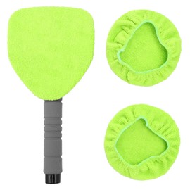 QWORK Windshield Cleaner Tool – Long Handle, 180° Swivel Head for Easy Interior and Exterior Auto Glass Cleaning – Includes 3 Reusable Pads