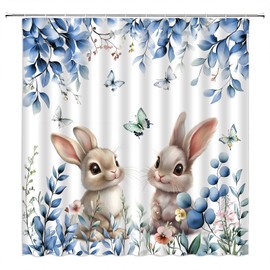 Easter Bunny Shower Curtain Spring Blue Watercolor Leaves Floral Butterfly Cute Funny Bunny Rabbit Nature Bathroom Decor Curtain with Hooks,70Wx70H Inches