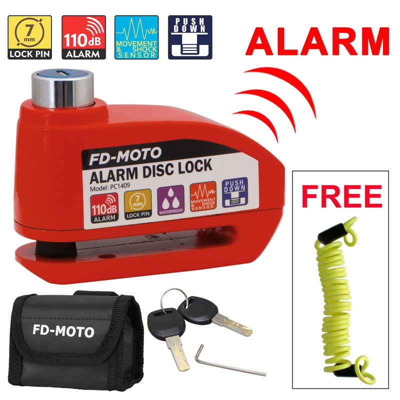 FD-MOTO Alarm Disc Lock & Reminder Cable Red