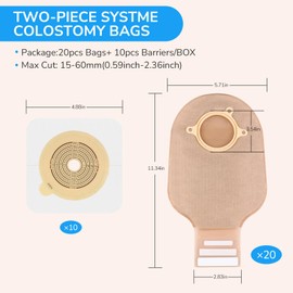 Heagimed 30PCS Ostomy Supplies, 2-Piece Colostomy Bags, Two-Piece Drainable Stoma Pouches with Closure for Ileostomy Stoma Care, Cut-to-Fit, 60mm Max (20 x Stoma Bags+ 10 x Skin Barrier）