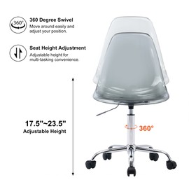 HOMEFUN Clear Desk Chair, Acrylic Rolling Armless Vanity Swivel Height Adjustable Ghost Molded Plastic Home Office Chairs with Wheels, Black
