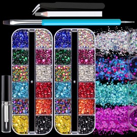 4120pcs Face Gems for Makeup with Glue, 2-5mm Round Glass Mixed Color Iridescent Chameleon Rhinestones & 4 Colors Cosmetic Chunky Glitter with Dotting Tools, Eye Jewels for Body Make-up, Nail Art