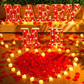 Hortsun Marry Me Light up Letters Proposal Decorations Will You Marry Me Sign Rose Petals 24 LED Candles Romantic Night Light for Proposal Engagement Wedding Anniversary Valentine's Day(Red, Yellow)
