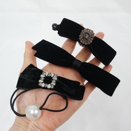 3Pcs Black Velvet Banana Pin & Ribbon Hair Clip & Hair Tie Set Elegant Black Hair Accessories with Rhinestone Pearl Details for Women and Girls