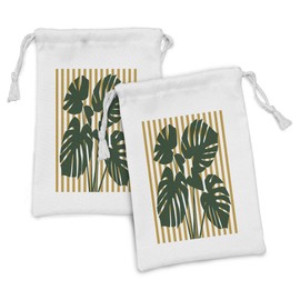 Ambesonne Tropical Fabric Pouch Set of 2, Hawaiian Monstera Leaves on a Background of Vertical Stripes, Small Drawstring Bag for Toiletries Masks and Favors, 9" x 6", Pale Coffee Hunter Green