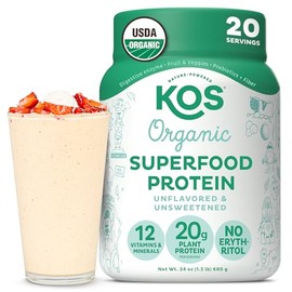 KOS Vegan Protein Powder, Unflavored & Unsweetened - Low Carb Pea Protein Blend, Organic Superfood Rich in Vitamins & Minerals - Keto, Soy, Dairy Free