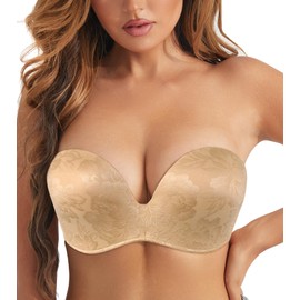 HACI Women's Anti-Slip Strapless Bra Wirefree Lift Support Push Up(Floral Beige，34A