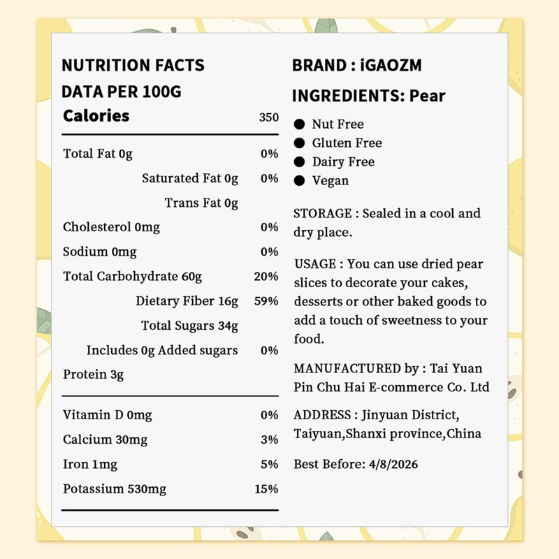 iGAOZM Dehydrated Dried Pears Slices,7.02oz/200g,Dehydrated Pear Fruit Slices,No Sugar Added,Dry
