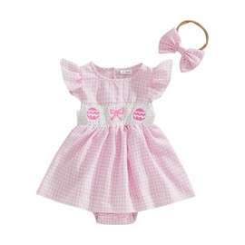 Easter Outfit Baby Girl Romper Dress My First Easter Fly Sleeve Smocked Dress Newborn Cute Baby Summer Clothes (Easter Eggs-Pink, 0-3 Months)