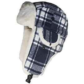 Best Winter Hats Big Kids Quality Madras Plaid Russian/Trapper Hat W/Faux Fur - Navy