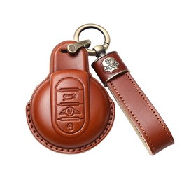 SANRILY Car Key Cover fit for Mini Cooper 2016-2021 Clubman Countryman Hardtop Convertible Keyless Remote Key Holder Leather Key Protective Case with Lucky Cat Keychain Brown