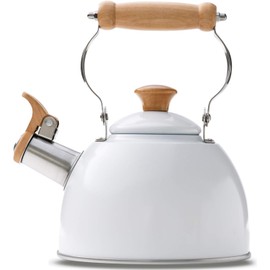 ROCKURWOK Whistling Tea Kettle, 1.6 QT / 50 OZ, White Teapot, Universal Base for Induction | Gas | Electric | Halogen | Radiant, Wooden Handle, Vintage