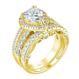 Wuziwen 4 Carat Pear Shaped Bridal Set Engagement Ring for Her AAAAA CZ Yellow Gold Plated Size 6