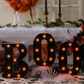 3 letras de marquesina iluminadas con LED para decoración de Halloween formando la palabra "BOO", decoración para cocina, mesa, chimenea, fiesta, inte