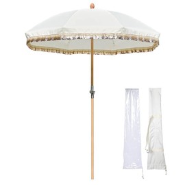 LAGarden Jazz Age Wooden Patio Fringe Umbrella 6ft 8-Rib Tilt - Color: Beige+Gold Sequin, Size: 6ft 8-rib