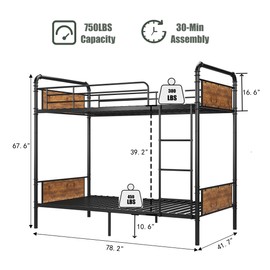 GAOMON Bunk Bed Twin Over Twin,Metal Bunkbeds with Ladders & 16.6" Safety Guardrail,Twin Bunk Beds for Kids,Adults and Small Spaces,No Box Spring Needed,Black