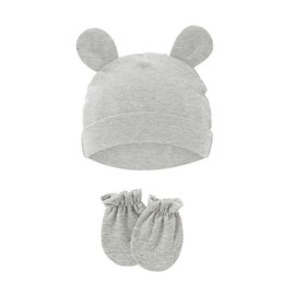FATASH Baby Hat and Mittens Set (0-3 Months) for Newborn Boys & Girls, Breathable Soft Cotton No-Scratch Gloves & Lightweight Warm Bunny Ear Cap, Unisex Infant Daily Wear Winter Accessories Light Grey