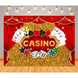 CORFOTO 5x4ft Casino Background Gold Glitter Bokeh Photography Backdrop Casino Night Poker Dice Red Curtains Photo Background Poker Birthday Party Banner Decorations Photoshoot