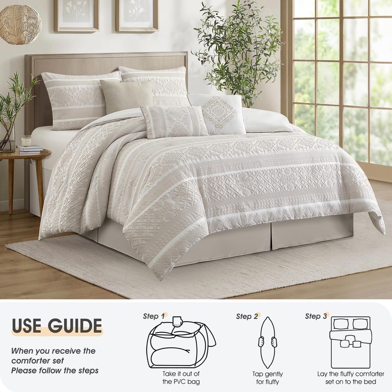 LANCO MODERN LIFESTYLE 7 Piece Queen Comforter Set, Beige, Elegant