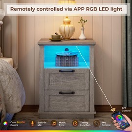 UPOSOJA Farmhouse Nightstand with Charging Station, 3-Tier Bedside Table with Open Shelf, Side Tables Bedroom with Charging Station, LED Sofa Side Table for Storage End Table (White+Brown, 2Pcs)