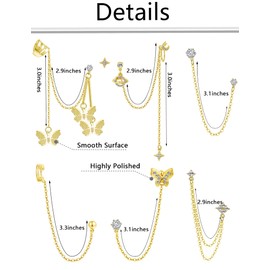 Akeoqi 6 Pairs Cuff Earrings Chain Drop Dangle Earrings with CZ Inlaid Wrap Threader Tassel Earrings Cartilage Double Piercing Holes Fashion Chic Minimalist Crawler Climber Earring Planet Butterfly Moon Round Studs for Women