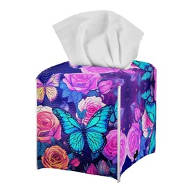 Showudesigns Butterfly Flower Square Tissue Box Cover Pu Leather Tissue Box Holder With Bottom Belt Tissue Box Covers Cube Napkin Organizer Dispenser for Night Stands Dresser Decor Purple