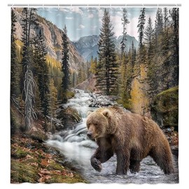 Hajmsug Forest Bear Shower Curtain, Misty Mountains Wildlife Farm Rustic National Park Jungle Rainforest Stream River Rock Natural Landscape Fabric Bathroom Decor Curtain with Hook, 60x70