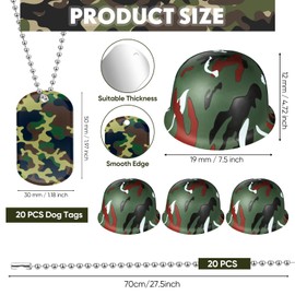 PullCrease 60 Pcs Army Party Favor Helmet Costume Includes Kid Plastic Camouflage Hats Military Dog Tags Beaded Chains
