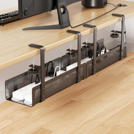 [Upgraded] 2 Pack Cable Management Under Desk Tray, Xpatee 27.6" No Drill Open Slots Cable Management Tray, Cord Wire Organizer Box with Clamp for Table Thickness up to 3" - No Desk Damage(Black)