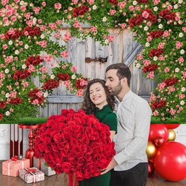 AOFOTO Barn Door Rose Backdrop Rustic Red Pink Beige Flowers Background Romantic Phtography Banner for Anniversary Wedding Decor Photo Studio Photobooth Props 5x3ft