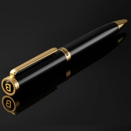 BEILUNER Luxury Gel Pen with 24K Gold Finish, Black Piano Lacquer, Classic Leather Box-Best Pen Gift Set for Men and Women, Professional, Executive, Office, Business Signature, Retractable Nice Pens