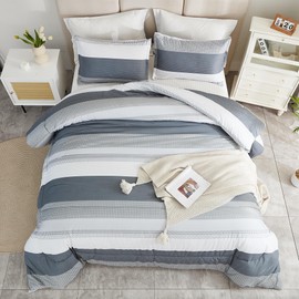 Litanika Comforter King Size Bed Set Light Grey - 3 Pieces Lightweight Bedding Comforter Sets Gray White Colorblock Stripe Fluffy All Season Bed Set