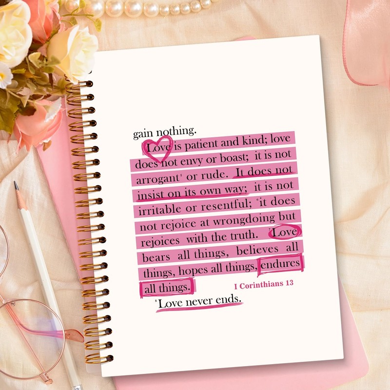 JXREQ Pink Christian Notebook Journal, 1 Corinthians 13 Bible Journaling